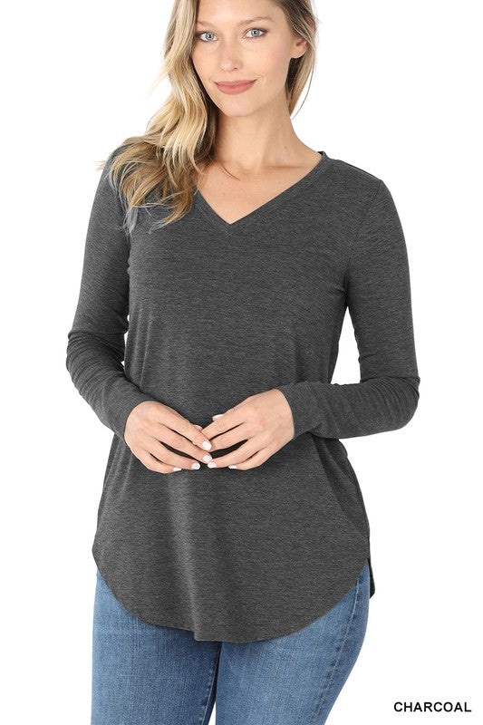 LONG SLEEVE V-NECK ROUND HEM TOP