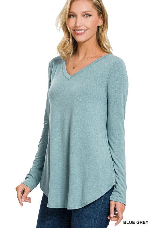 LONG SLEEVE V-NECK ROUND HEM TOP