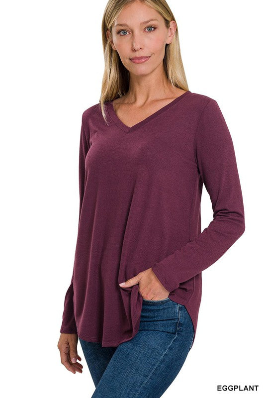 LONG SLEEVE V-NECK ROUND HEM TOP
