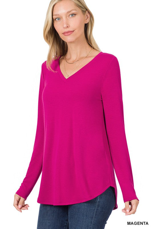 LONG SLEEVE V-NECK ROUND HEM TOP