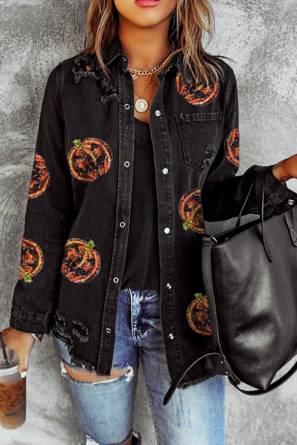 Sequin Patch Pumpkin Raw Hem Jacket