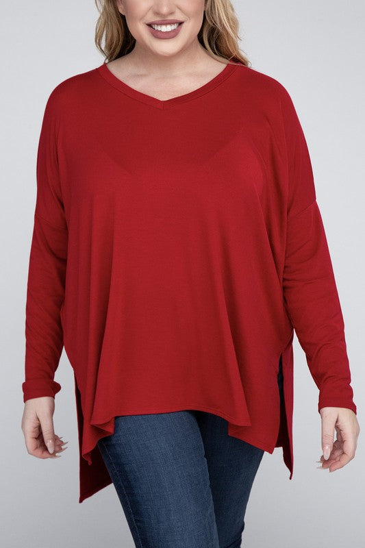 Plus Dolman Sleeve V-Neck Side Slit Hi-Low Hem Top