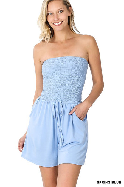 SMOCKED TUBE ROMPER WITH POCKET