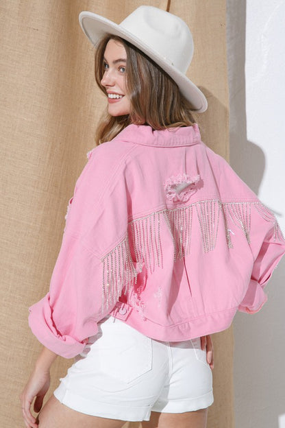 RHINESTONE FRINGE DISTRESSED DENIM JACKET