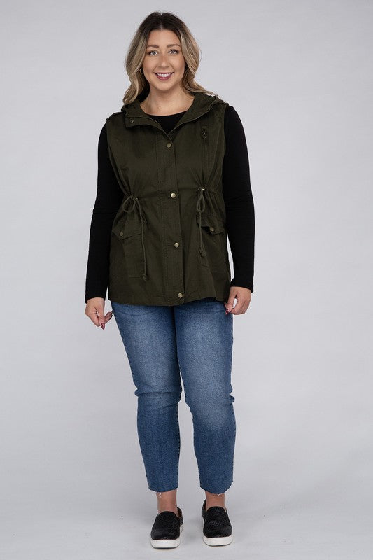 Plus Drawstring Waist Military Hoodie Vest