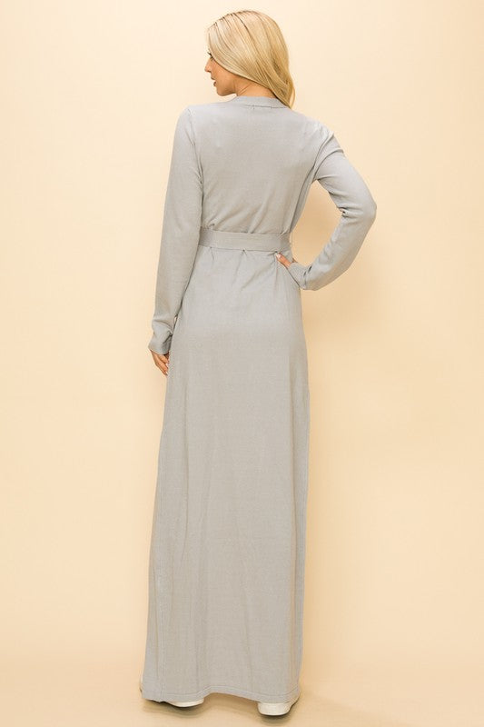 Long Sweater Cardigan with Tie belted- Grey