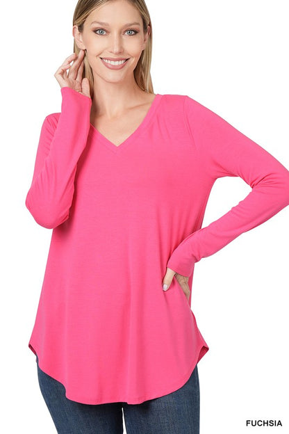 LONG SLEEVE V-NECK ROUND HEM TOP