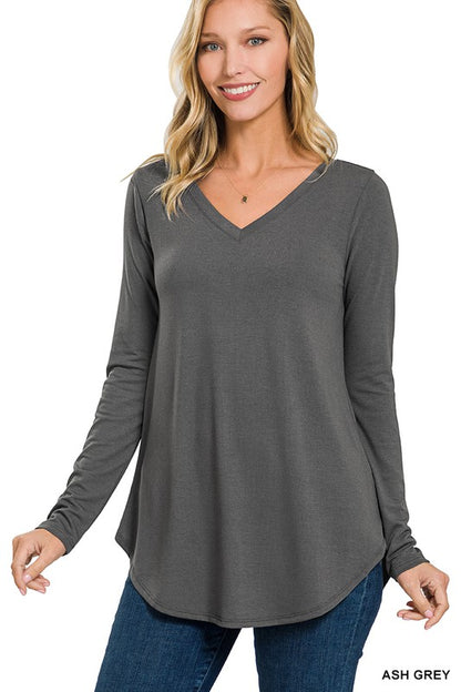 LONG SLEEVE V-NECK ROUND HEM TOP