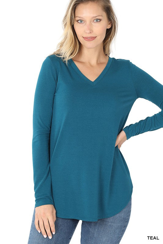 LONG SLEEVE V-NECK ROUND HEM TOP