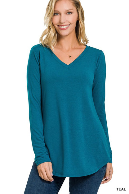 LONG SLEEVE V-NECK ROUND HEM TOP