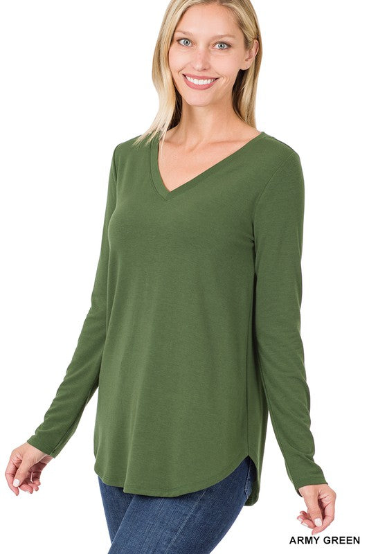 LONG SLEEVE V-NECK ROUND HEM TOP