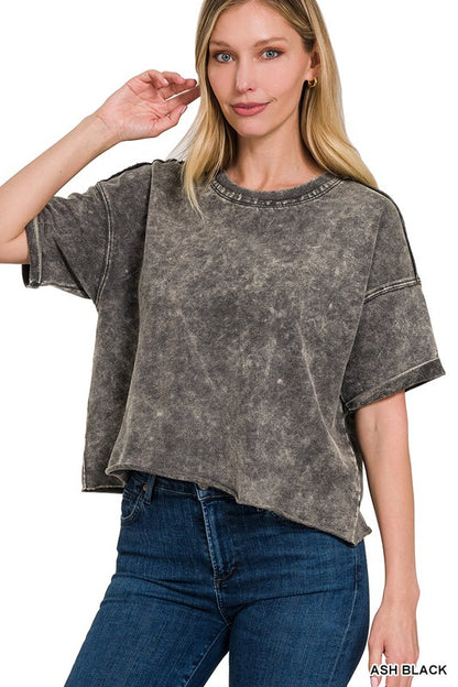 FRENCH TERRY ACID WASH RAW EDGE CROP TOP