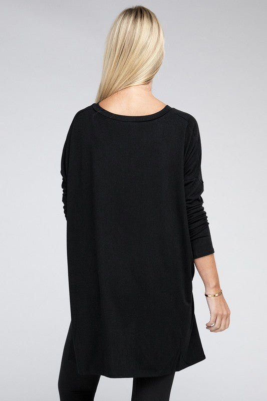 Dolman Long Sleeve V-Neck Side Slit Hi-Low Hem Top