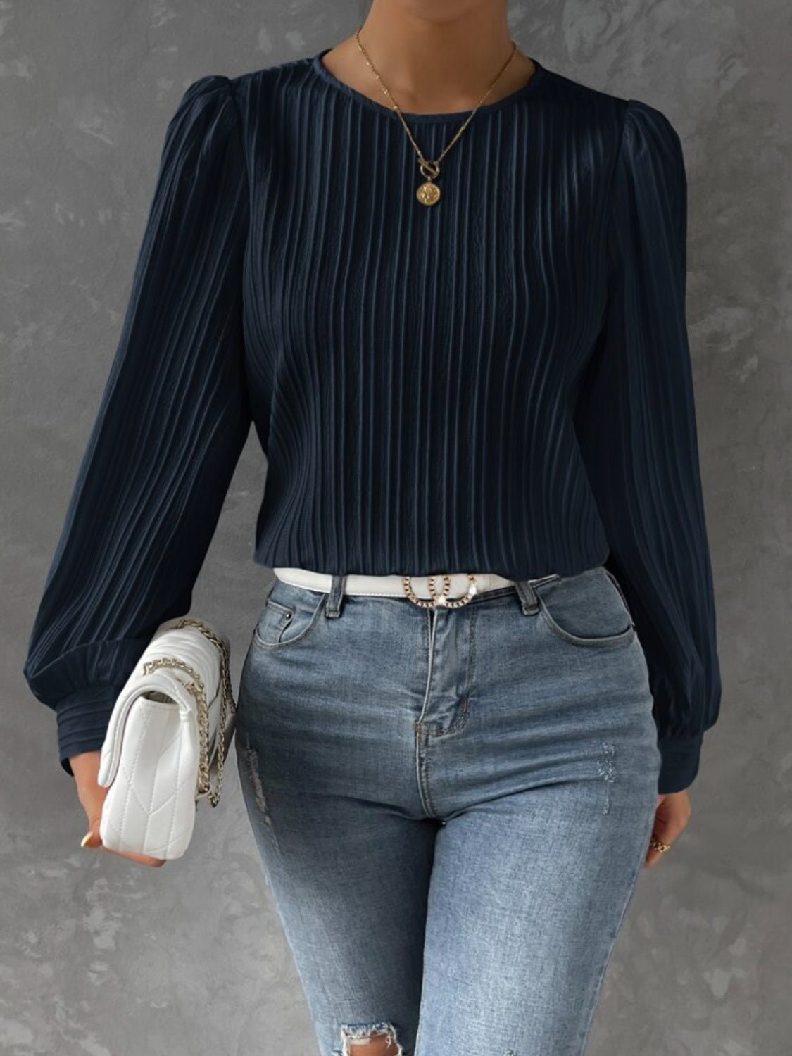 Textured Round Neck Long Sleeve Blouse