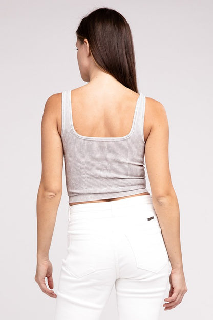 2 Way Neckline Washed Ribbed Cropped Tank Top