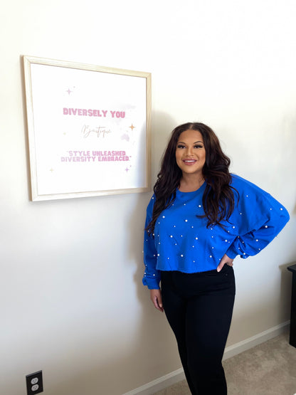 Elegant Royal Blue Pearl Long Sleeve Crop Top