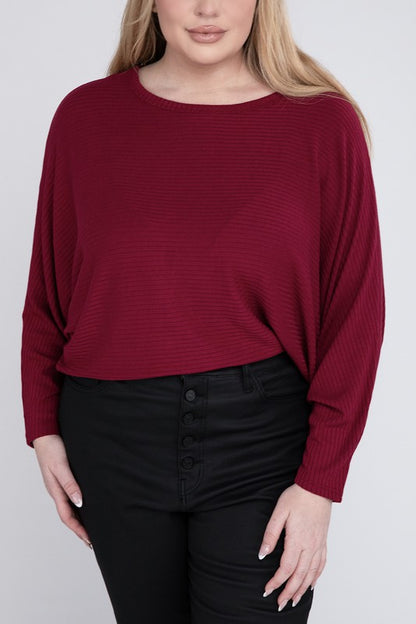 Plus Ribbed Batwing Long Sleeve Boat Neck Sweater