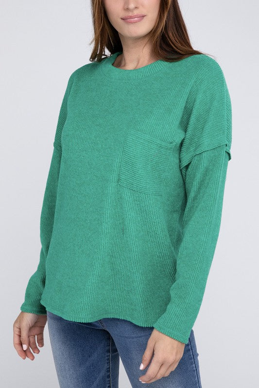 Ribbed Brushed Melange Hacci Sweater with a Pocket