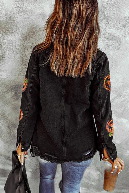 Sequin Patch Pumpkin Raw Hem Jacket