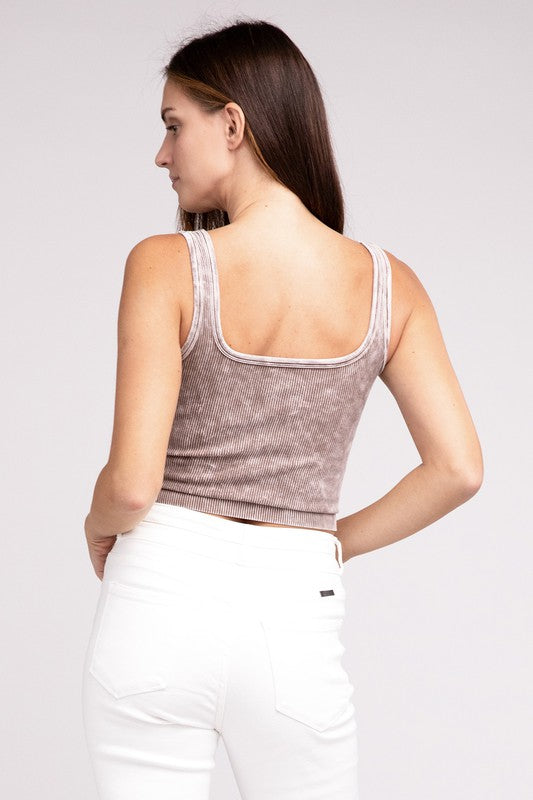 2 Way Neckline Washed Ribbed Cropped Tank Top