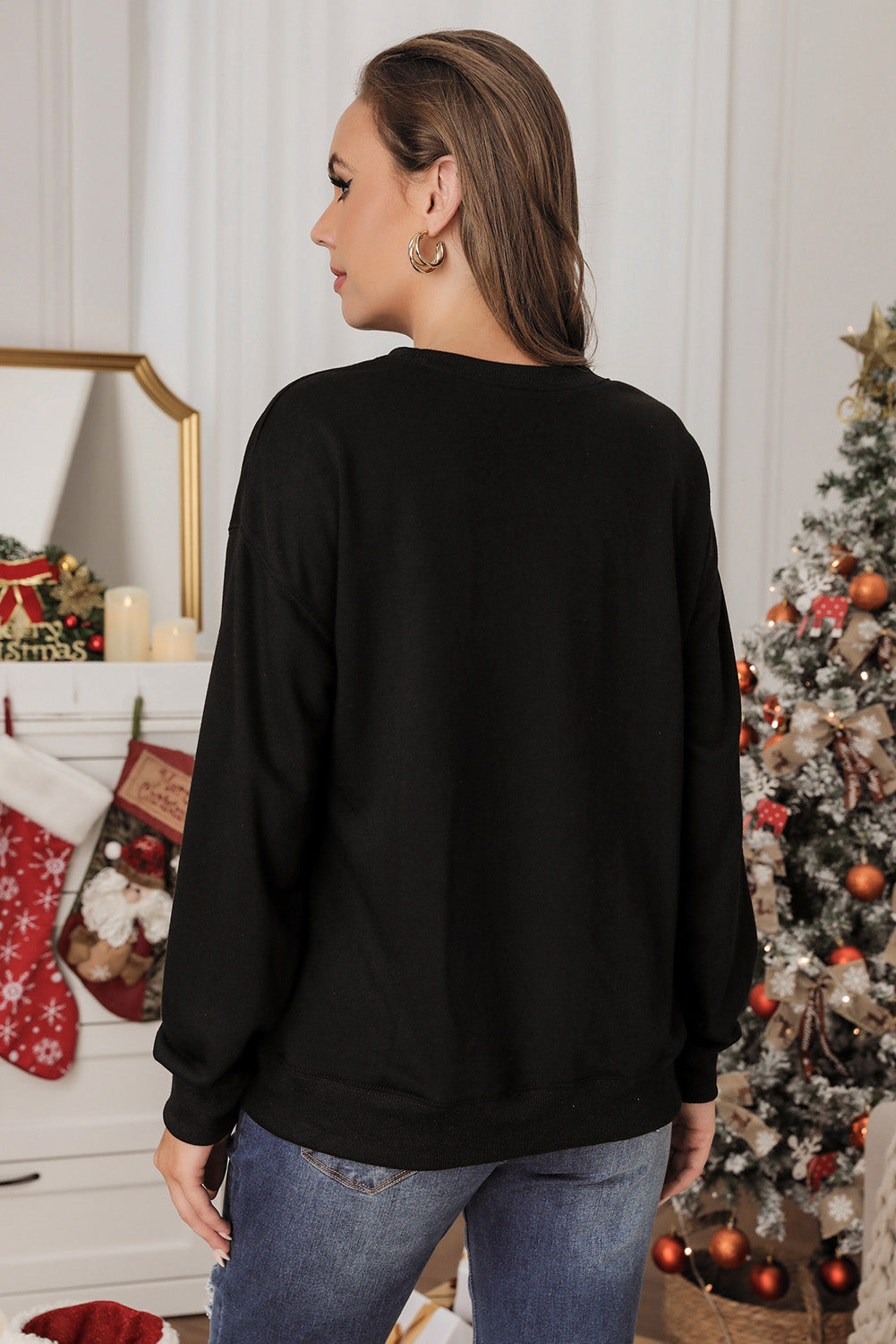 Sequin Football Round Neck Drop Shoulder Sweatshirt