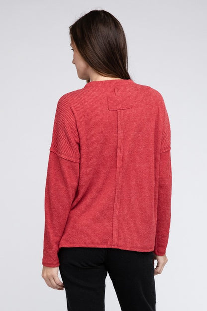 Ribbed Brushed Melange Hacci Sweater with a Pocket